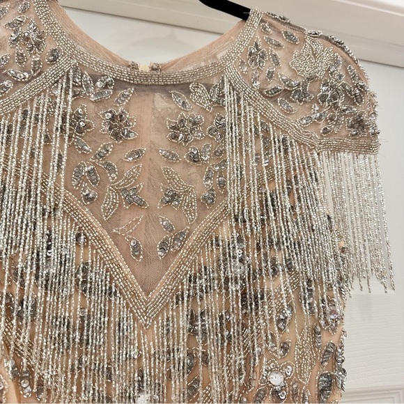 Mac Duggal 4715 Military Style Beaded sequin Fringe Sheath Gown Platinum - Picture 12 of 15